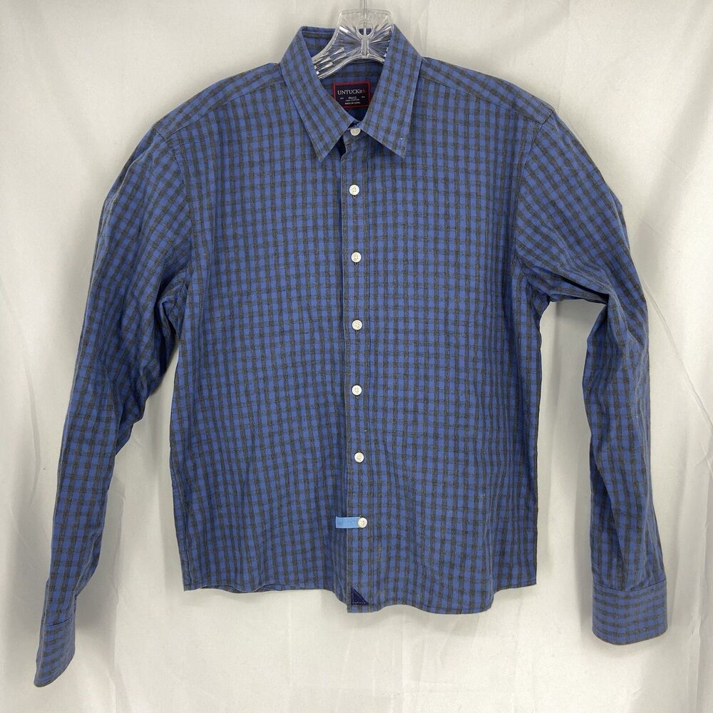 Untuckit, Blue Check Long Sleeve Shirt, 100% Cotton, Size Small